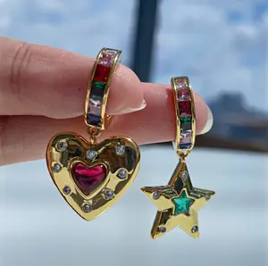18K Real Gold Plated Dainty Heart & Star Rhinestone Drop Dangle Earrings - Elegant Unisex Design with Sparkling Rhinestones for Versatile Style