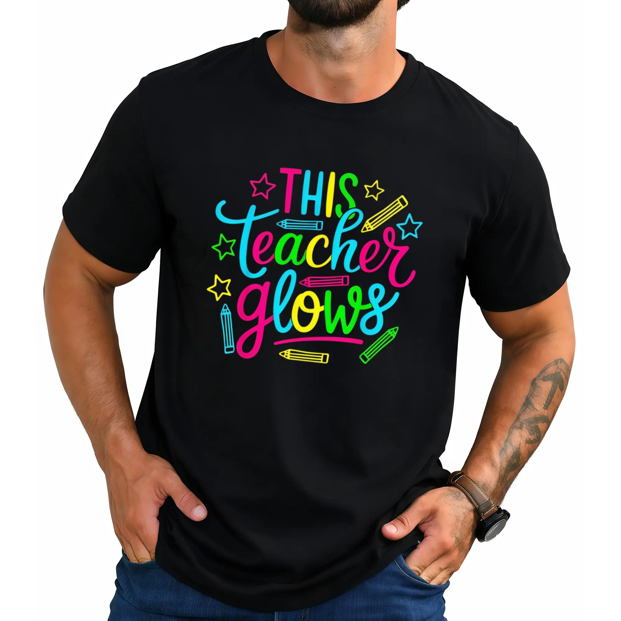 Glow-in-the-Dark Neon Teacher T-Shirt - 80s 90s Retro Glow Up Party Outfit, Glowable for all-Season, Loose Fit Round Neck Tee for Men Themed Events & Parties - Nostalgic Glowtooth suitable for teachers Cotton Garments