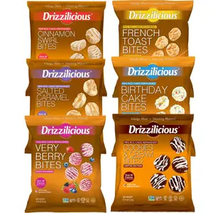 Mini Sized - 0.74 Ounce Bags - Drizzilicious Cookies & Cream, Cinnamon Swirl, Salted Caramel, Birthday Cake, French Toast & Very Berry Bites - 6-Pack Snack-Size Single-Serve Rice Crisps, Healthy Gluten-Free Vegan Treats