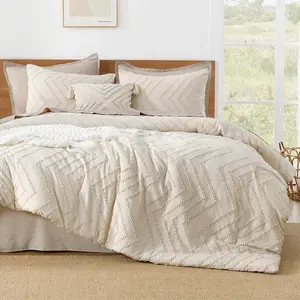Oversized King Comforter 120x98 Beige, 3 Chevron Tufted Quilt Comforter Sets, Fluffy
