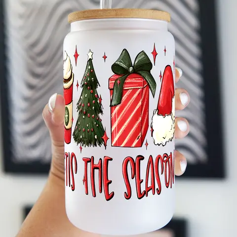 Tis the Season 40oz Glass Tumbler with Handle, Bamboo Lid & Straw, Christmas
