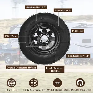 Heavy Duty 2-Pack Trailer Tire & Wheel Assemblies – Multiple Sizes (4.80-12, 5.30-12), 4/5 Lug, Load Range C 6PR – All-Weather, Fits Utility, Boat, Camper, Cargo Trailers – Easy Assembly – Great for Family Camping & Heavy Loads