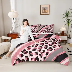 Abstract Leopard Kids Comforter Set,Cheetah Skin Wild Animals Bedding Set,Girls Boys Adults Room Decor,Geometric Stripes Fashion Down Comforter,Pink Dreamy Duvet Insert