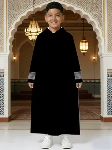 ✨Sophisticated Ethnic Boy! Black Hooded Geometric Cuff Thobe, Cool Temperament Outfit