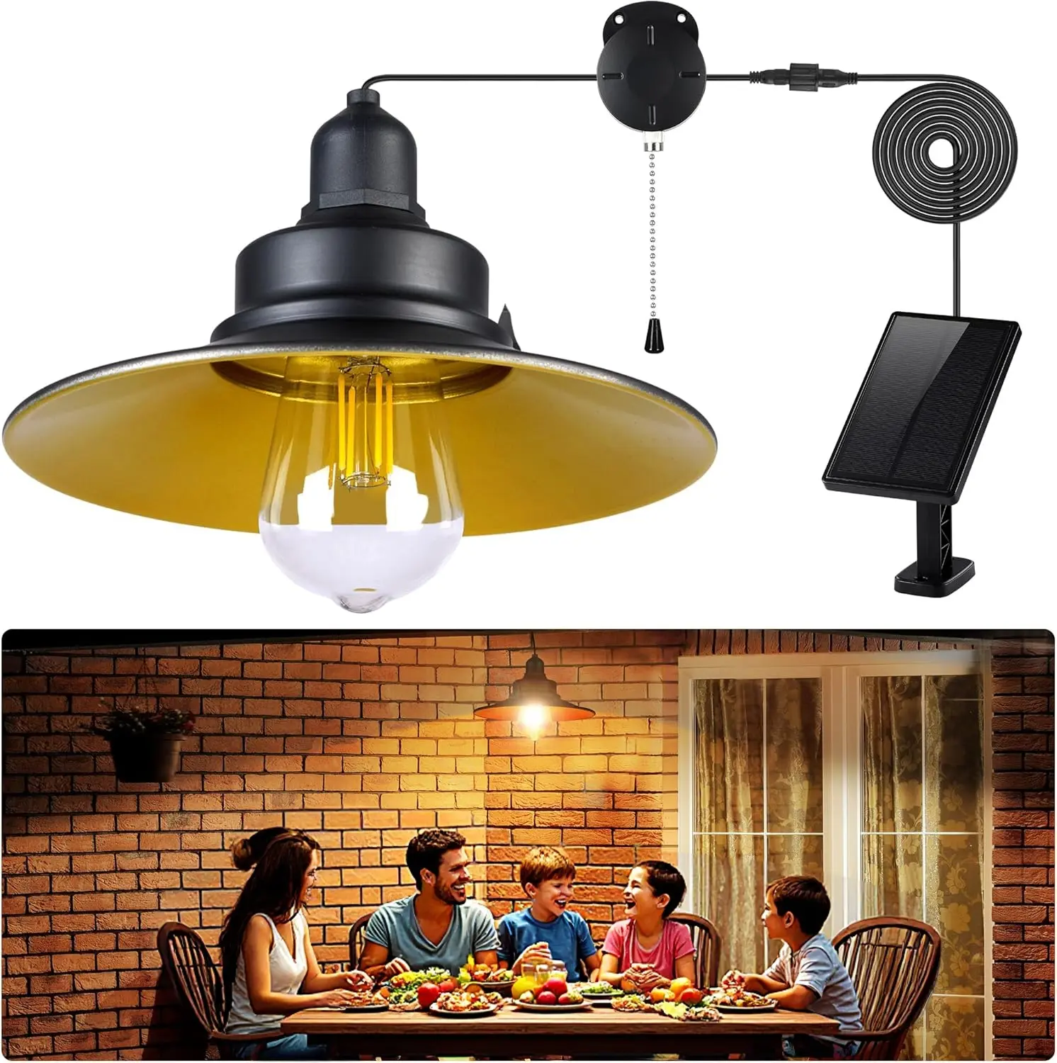 FabStyl Solar Pendant Light Indoor Outdoor, Solar Shed Light IP65 Waterproof Metal Powered Solar Chandelier, Gazebo Lights with Pull Cord for Garden, Chicken Coop, Gazebo, Barn, 2-Level Dimmable Warm White