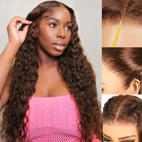 Arabella Chocolate Brown Water Wave 4# Human Natural Hair 13x6 Glueless Lace Front Wig, Ear-to-Ear Drawstring, Beginner-Friendly Affordable Glueless Wigs