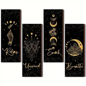 Boho Style Wooden Wall Decor Set, Moon Phase Art for Witch Room Decoration, Gothic Minimalist Farmhouse Bathroom Sign Artwork