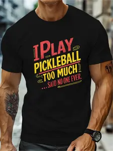 1pc Men's "I Play Pickleball Too Much" T-Shirt - 100% Cotton Preshrunk, Paddle & Graphic Print, Double-Needle Stitched Casual Crew Neck Tee for Pickleball Lovers, S-XXXL Sizes (White with Yellow/Pickleball Design)