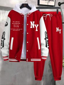men's letter print slogan baseball jacket & pants two-piece set, loose casual long sleeve baseball collar outerwear & trousers for daily wear, men's two-piece outfits for fall & winter, longsleeves menswear, matching clothing set