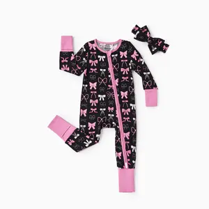 Bamboo Baby Boy/Girl Animal Printed 2-Way Zipper Anti Slip Long-sleeve Footie with Hairband Pink & Blue Floral Design