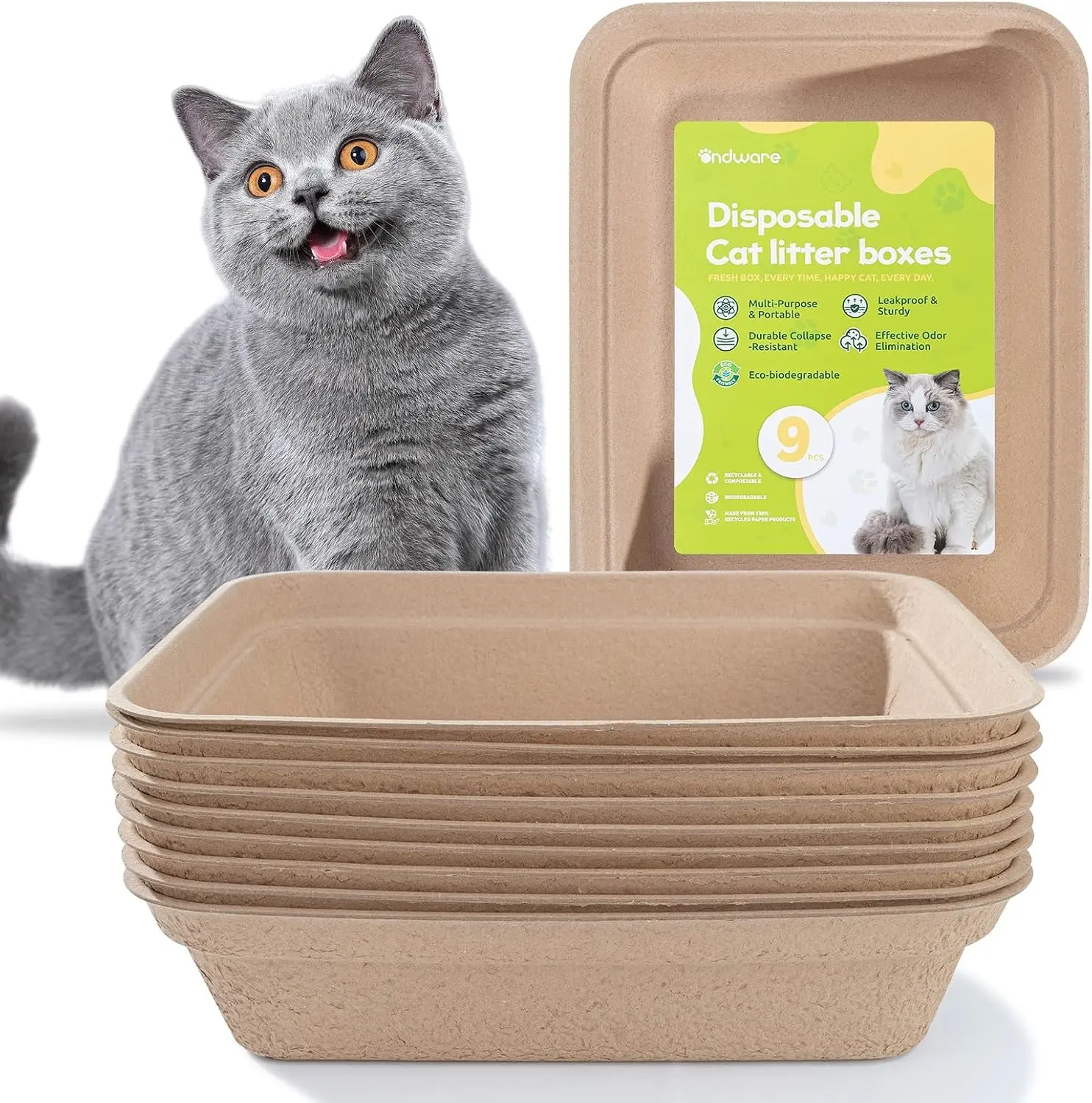 Disposable Cat Litter Box(9-Pack), Large Litter Boxs for Travel Home Use | Recycled pulp, leak-resistant, sturdy high walls, travel or liner use Gift