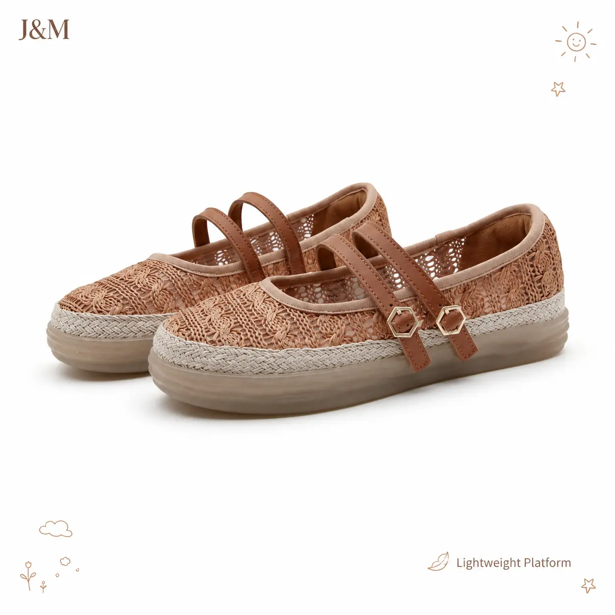 J&M Joy&Mario Women Lace Mesh Mary Jane Shoes, Double Buckle Strap Lightweight Platform Espadrille Casual Daily Walking Flats