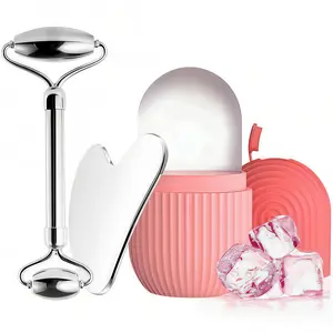 LMMAKE Ice Roller & Facial Massager Set – Facial Care Tools with Reusable Silicone Ice Cube Mold, Stainless Steel Gua Sha, Calming Skin Benefits, Reduces Puffy Face, Eyes, Neck, Relieves Acne, Dark Circles