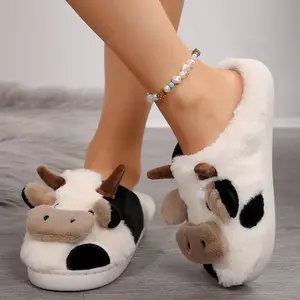 Fuzzy Warm Cow Slippers Slides for Women House Slippers for Woman Likable Handy Cartoon Animal Shape Kawaii Sandals Women Home Indoor