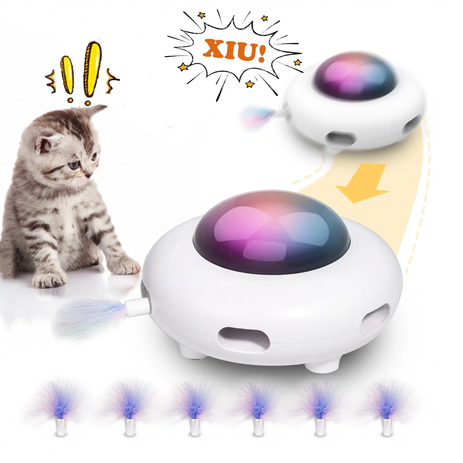 "cat interactive toys for indoor cats，Electric Cat Toys for Moving Concealed Feathers，USB Charge Automatic Kitten Toys,White，double the fuun for your cat -UFO"
