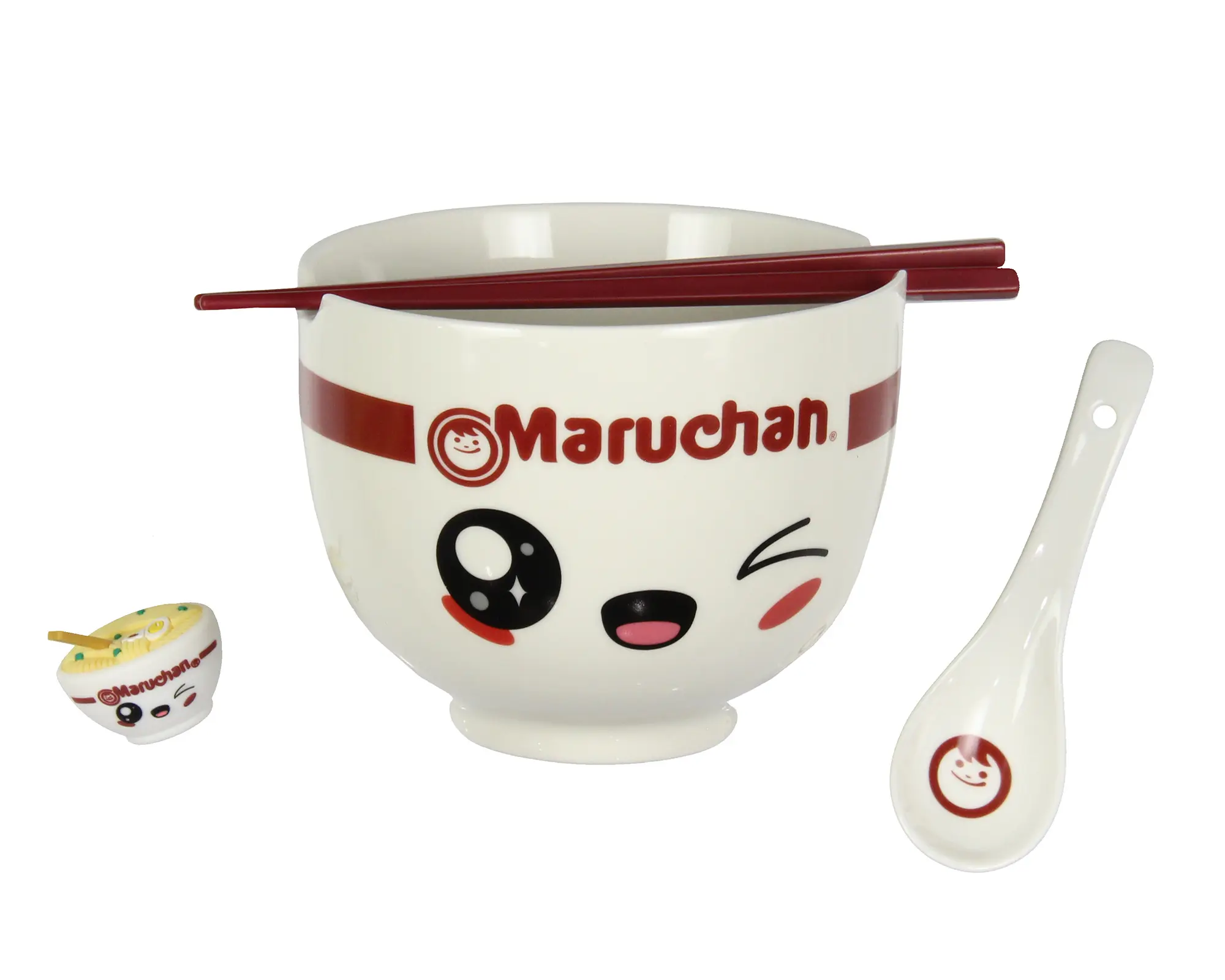 Sturdy Official Licensed Ramen Bowl Set - 4-Piece Kawaii Playful Look Tableware Sets, Ceramic Maruchan Ramen Instant Lunch Kit with Bowl, Spoon, Chopsticks, Chopstick Holder