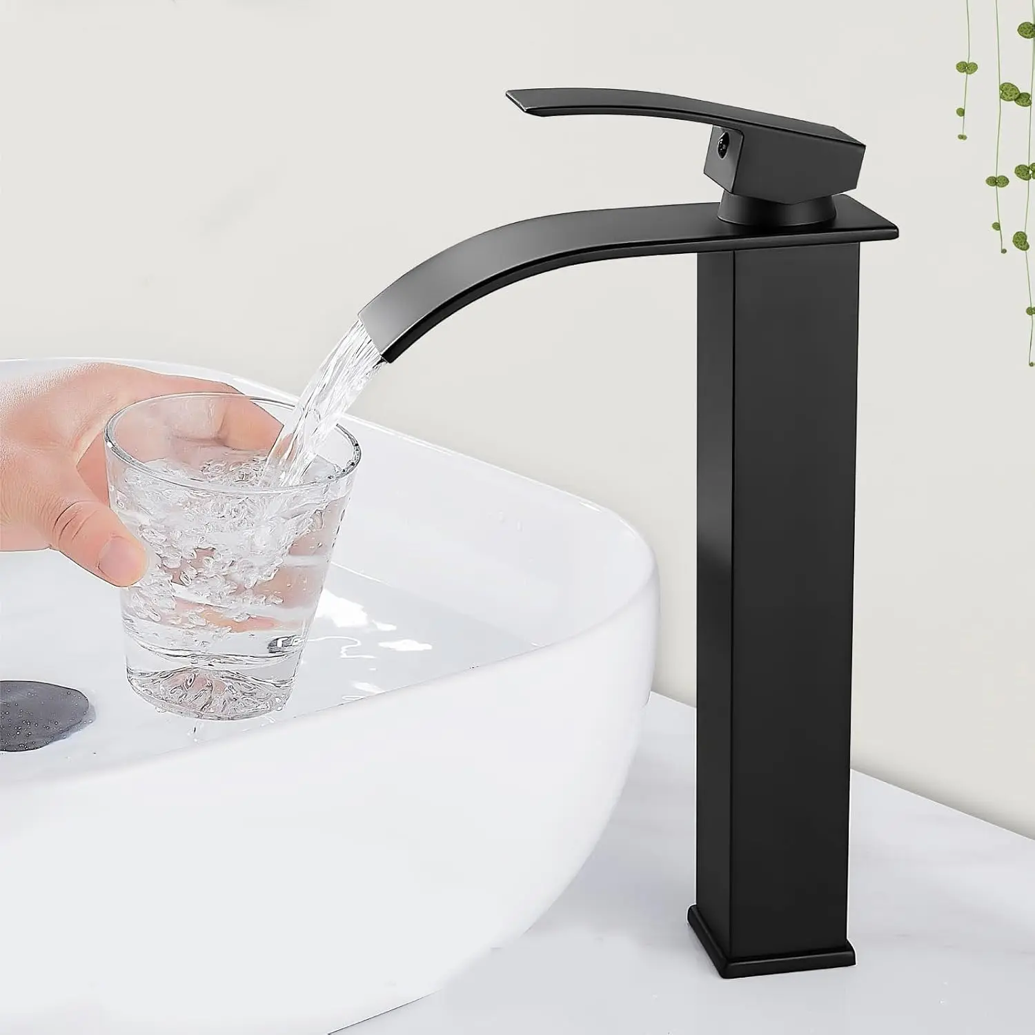 Bathroom Sink Faucet, Tall Waterfall Bathroom Sink Faucet Modern Single Handle Bathroom Faucet 1 Hole, Tall Spout Vessel Faucet Mixer Tap Washbasin Faucet with Pop-up Drain, Matte Black