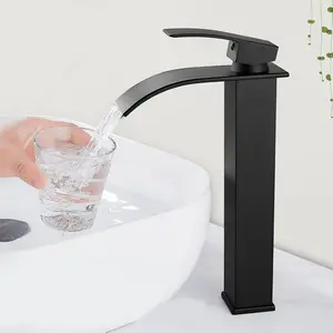 Bathroom Sink Faucet, Tall Waterfall Bathroom Sink Faucet Modern Single Handle Bathroom Faucet 1 Hole, Tall Spout Vessel Faucet Mixer Tap Washbasin Faucet with Pop-up Drain, Matte Black