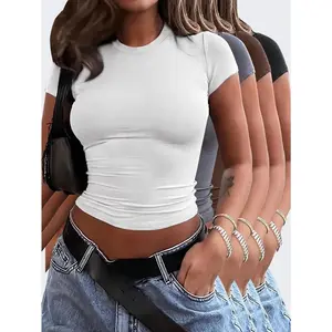Set of 4 Women'S Short-Sleeve Round Neck T-Shirts, New Summer Style, Solid Color, Fitted, Cropped Versatile Tops.