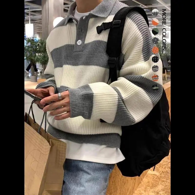 Men's Patchwork Polo Sweater, Casual Loose Fit Thick Knit Pullover, Collared Drop Shoulder Jumper for Fall & Winter, Fabric