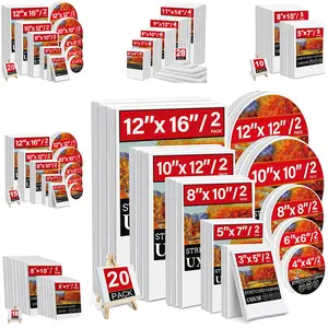 Stretched Canvas, Multi Pack Sizes: 12x16, 11x14, 10x12, 8x10, 5x7, 4x4 - 10pcs/15pcs/20pcs Sets, Including Round Painting Canvases, Primed White - 100% Cotton Artist Canvas Boards For Painting, Acrylic Pouring, Oil Paint Dry & Wet Art Media
