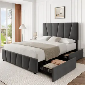 [FLASH SALE]Garvee Twin Size Bed Frame with Adjustable Headboard and 2 Storage Drawers, Upholstered Platform Bed Frame with Wooden Slats Support, No Box Spring Needed, Dark Grey (Twin)