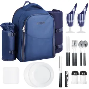 VEVOR Picnic Backpack, Beach Picnic Backpack Bag for 2 Person with Insulated Cooler Compartment, Detachable Bottle/Wine Holder, Lightweight Blanket, Plates & Cutlery Set for Hiking, Camping, Navy Blue