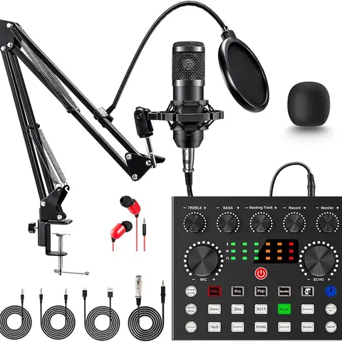 【Upgrated】ZealSound Professional Podcast Equipment Bundle for Creators, BM800 Condenser Microphone Kit with V8S Voice Changer, Audio Interface Mixer, USB Type-C, Lightning Adapter, Excellent Sound Quality, Phones/PC/Tablets/Ipad Compatible, Live Streaming