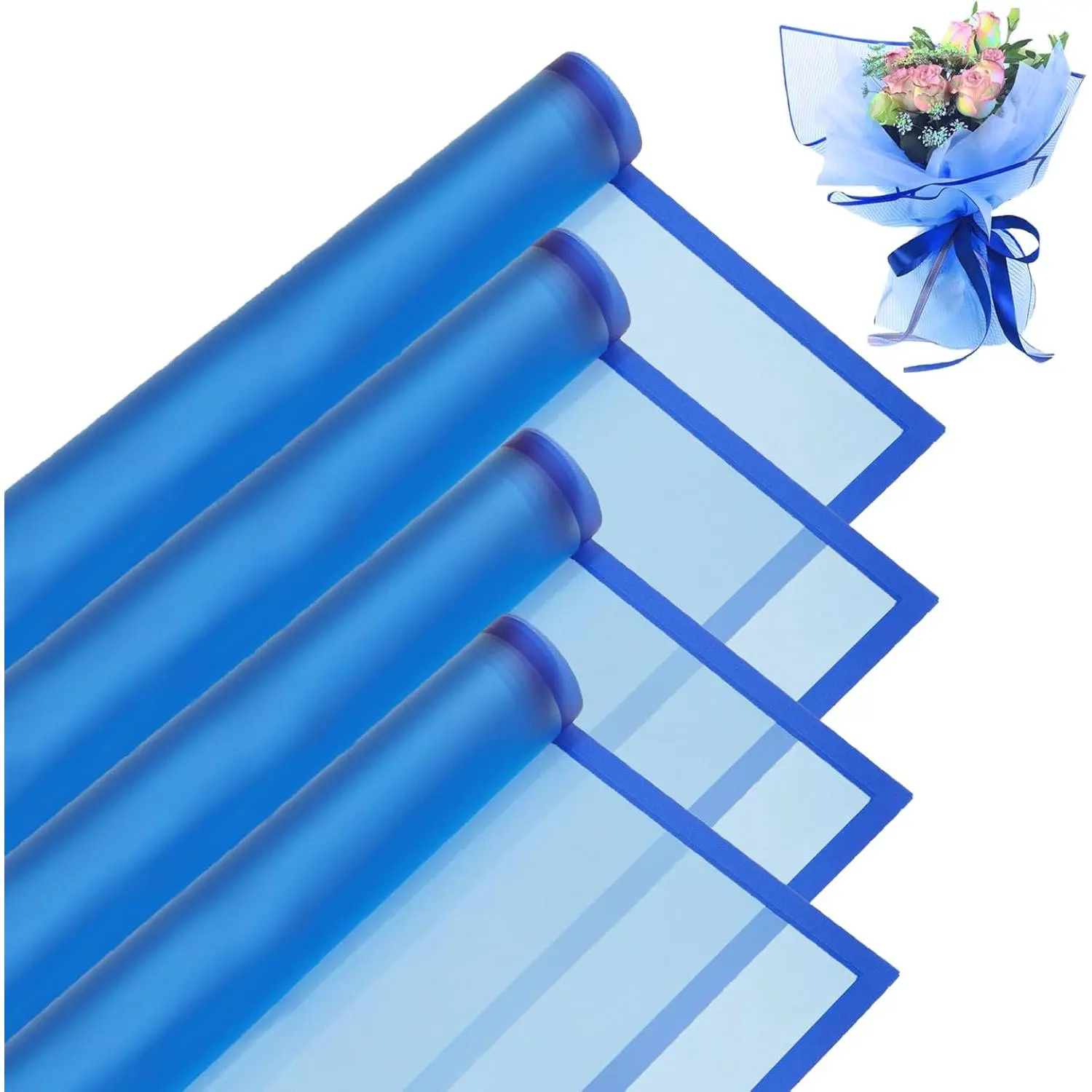 Korean Style Waterproof Floral Wrapping Paper with Blue Flower & Blue Lines, 20-Sheet 22.8x22.8in/58x58cm, Holiday Valentine's Day Florist Bouquet Craft Project Fresh Flower Box Packaging Supplies
