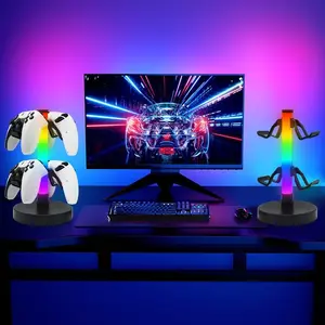 RGB LED Gaming Desk Lamp with Headphone Stand, Controller Holder, USB Powered, Color Changing Ambiance Light, Ideal for Game Room Office Party Decor