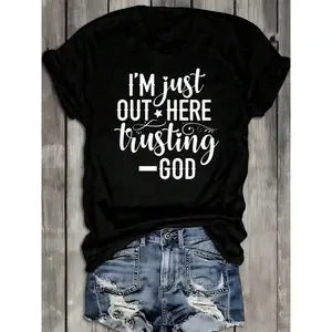 Women's Faith Short-Sleeve T-Shirt - "I'm Out Here Trusting God" Religious Tee, 180GSM 100% Black Heavyweight Fabric, Vintage Streetwear Loungewear, Essential Round Neck Soft Breathable Casual Top, Christian Apparel for Everyday & Christmas Gifts