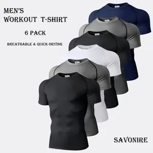 6 Pack Men's Workout T Shirts Gym Tops Compression Athletic T-Shirts For Men Active Stretch Breathable Moisture Wicking Soccer Tops For Football Gym Outdoor Sports