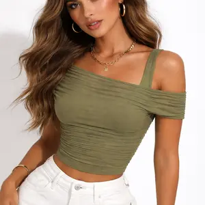 Women’s Off Shoulder Mesh Ruched Short Sleeve Top, Slim Fit Solid Color Going Out Crop Top summer