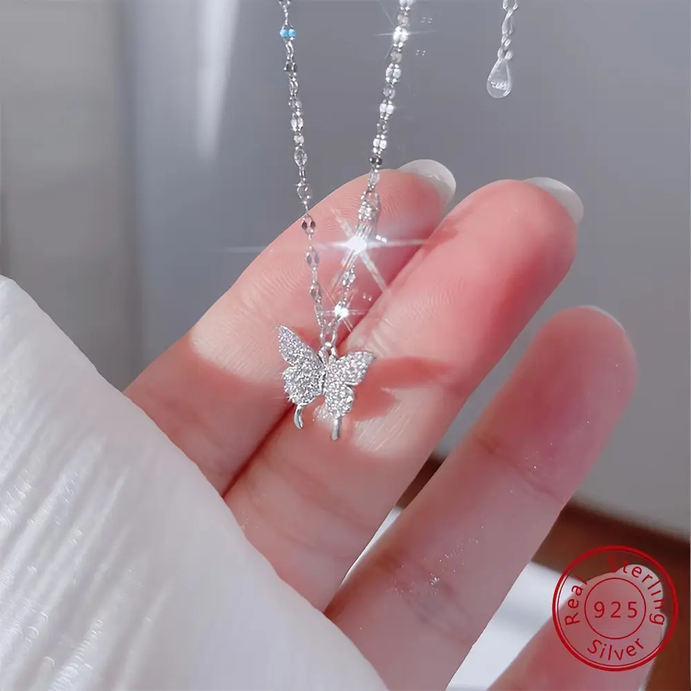 925 Sterling Silver Necklace with Delicate Butterfly Pendant for Women, Hypoallergenic and Shiny Fashion Jewelry, Ideal Daily Gift, Silver Necklaces & Pendants, Elegant, Female, Butterfly Design Necklaces