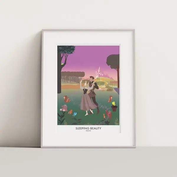 Vintage Sleeping Beauty France Travel Print Poster - Aurora & Philip, Princess Art Decor