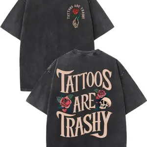 Comfort Color High Quality Cotton Vintage Wash Style Men's Double-Sided Printed T-Shirt, Tattoos Are Lowbrow, Summer Wear, Drop Shoulder Sleeves Round Neck Short-Sleeved Top