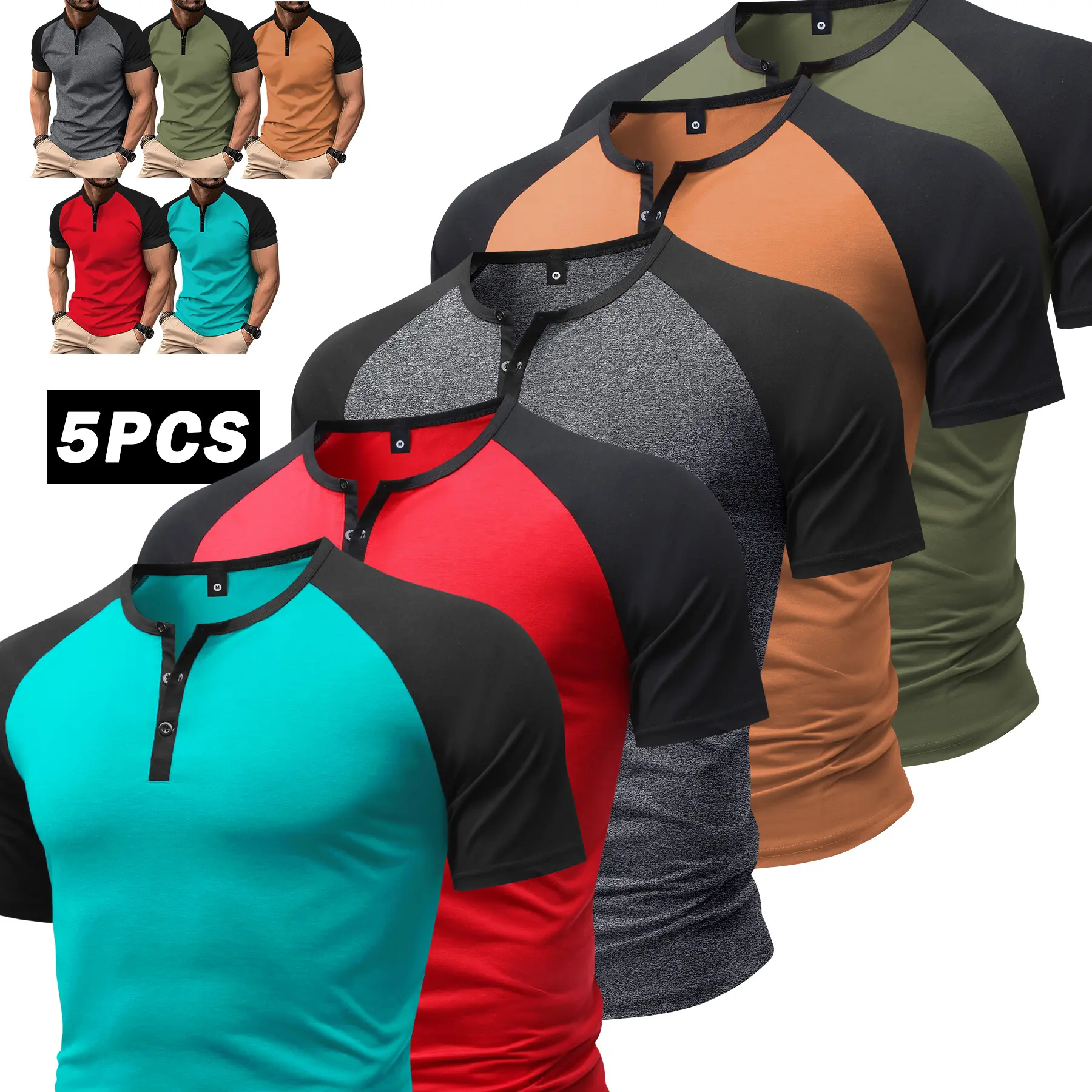 5-Pack Men's Athletic Henley Shirts, Short Raglan Sleeve Polyester Blend with Elastane, Solid Casual Basics with Slight Stretch, Available in Plus Sizes, Raglan Sleeves, Button Front Shirt, Solid Plain, Crew Neck, Hiking