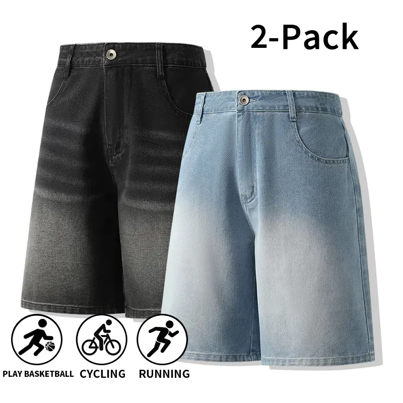 Men's 2-Pack Bermuda Denim Shorts Set - Vintage Distressed Soft Washed, Loose Fit, Knee-Length, Vintage Fade, Sporty Chic Vibe, Matching T-Shirt