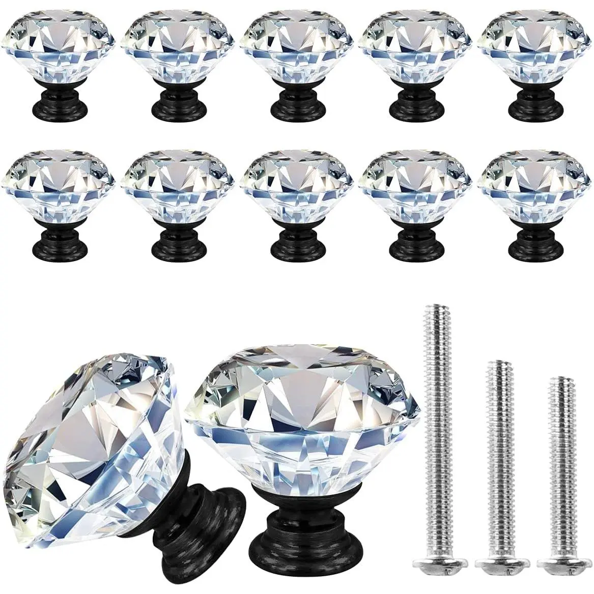 12-Pack Diamond-Shape 30mm Crystal Glass Doorknobs - Crystal Look Hardware, Black Drawer Pulls for Cabinets