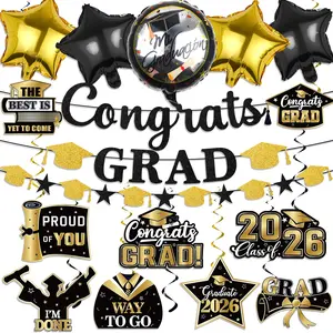 20pcs Graduation Decorations 2026, 1pc Glitter Congrats Grad Banner ,14pcs Class of 2026 Hanging Swirls and 5pcs Foil Balloon Black and Gold Graduation Decorations 2026 for Class of 2026 College Graduations Party Decorations Graduation Party Supplies