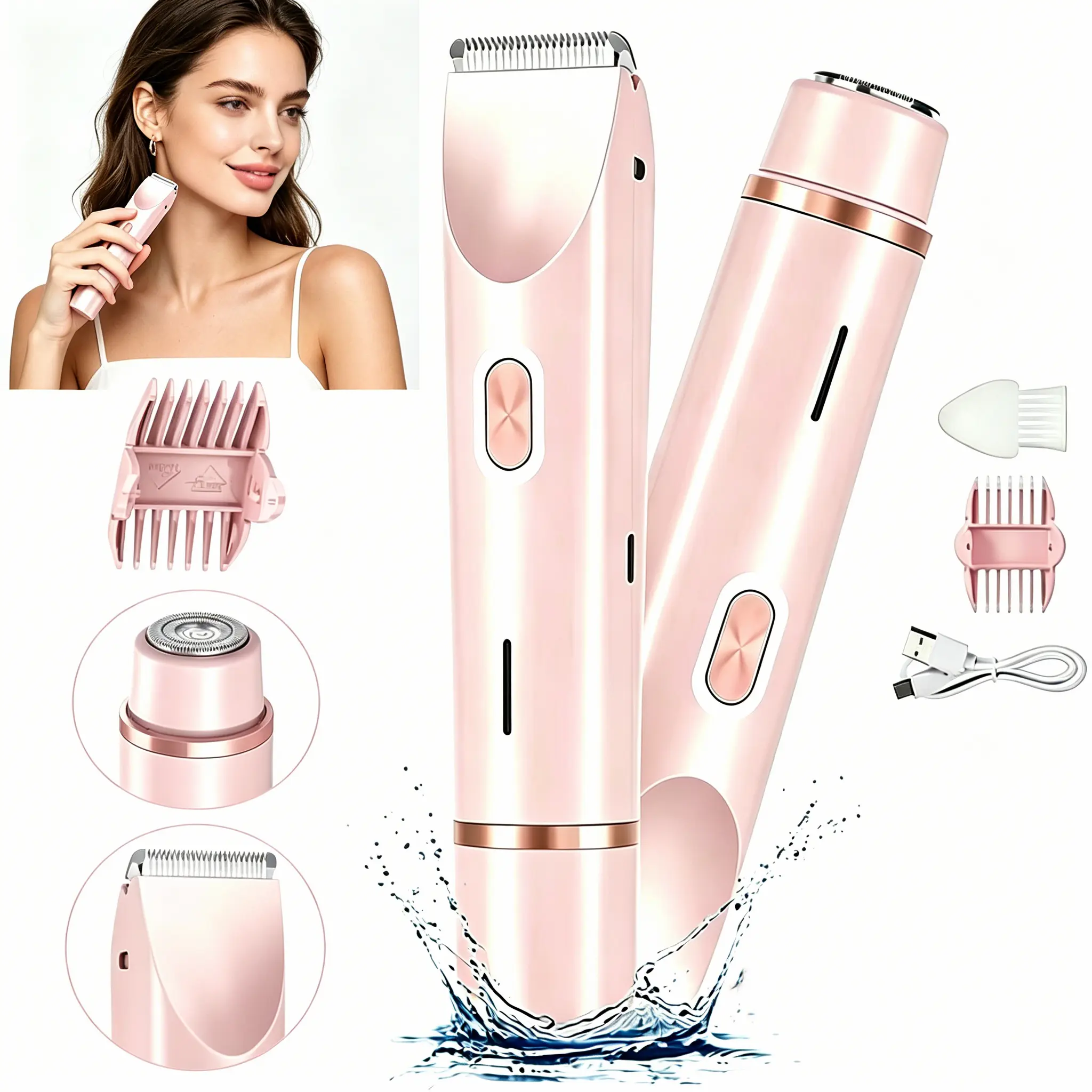 Bikini Trimmer for Women,Portable Electric Shaver and Razor Rechargeable 2-in-1 Bikini Shaver & Trimmer,Dual Heads for Body & Facial Hair Removal, Multifunctional Festival Gift,Summer Gift