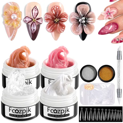 Fcozpjk Solid Builder Gel for Nails 4Colors Solid Builder Gel Non-Sticky Clear Nude Pink Pearl White Hard Gel for Nails 3D Sculpture Gel Flower Carving Modeling Design Nail Extension Gel Kit