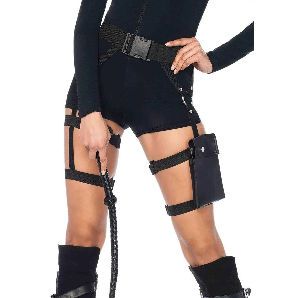 Women's Multi-Strap Garter Belt with Faux Leather Utility Pocket, Adjustable Stretchy Elastic Bands for Halloween & Festival Wear, Accessory, Utility Belt, One Size, Soft, Stretchy Elastic Bands