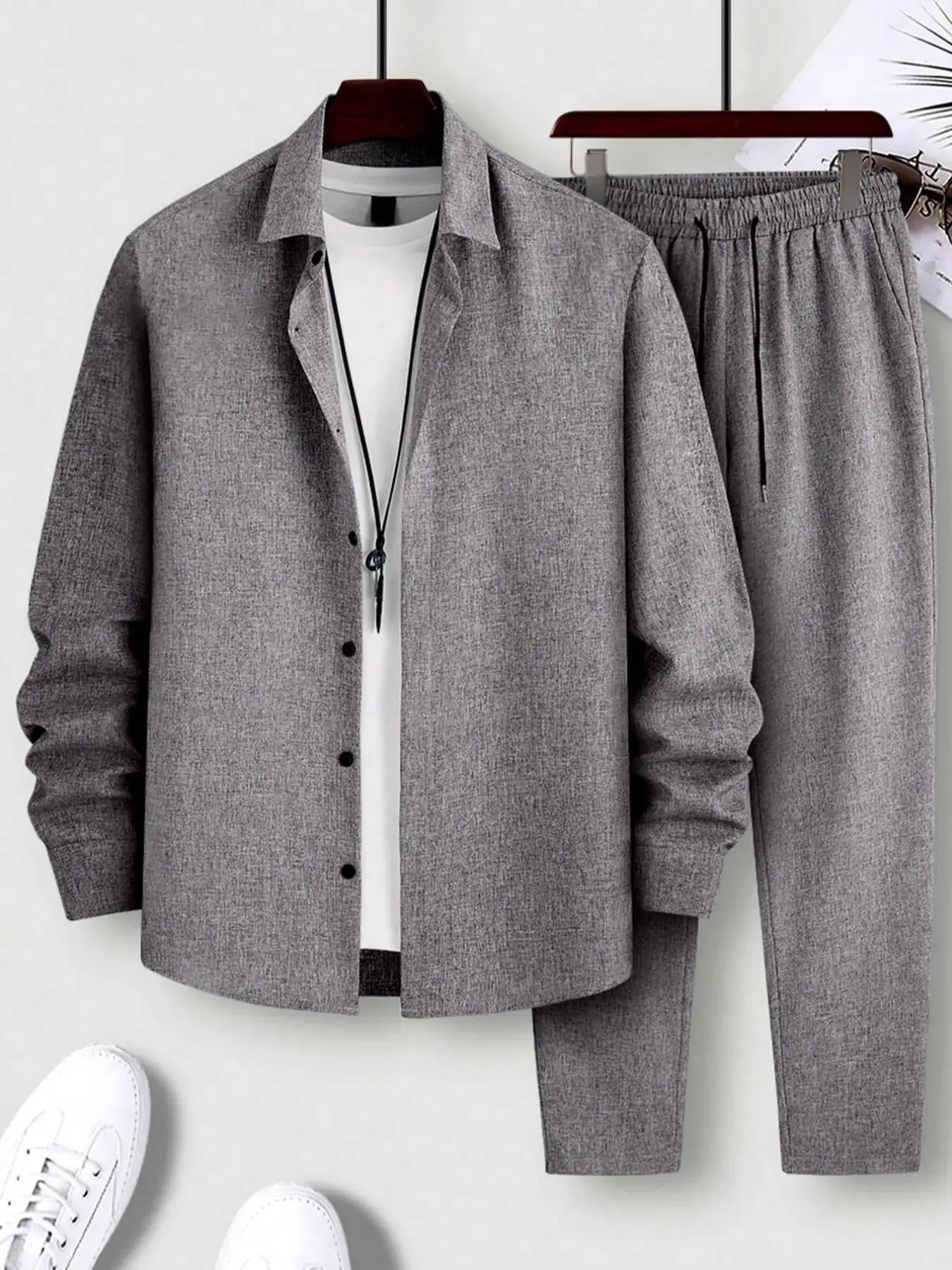 Men's Button Front Drawstring Waist Two-piece Set, Regular Fit Casual Long Sleeve Top & Pocket Trousers Co-ord Set, Going Out Outfit, Drippy Outfit