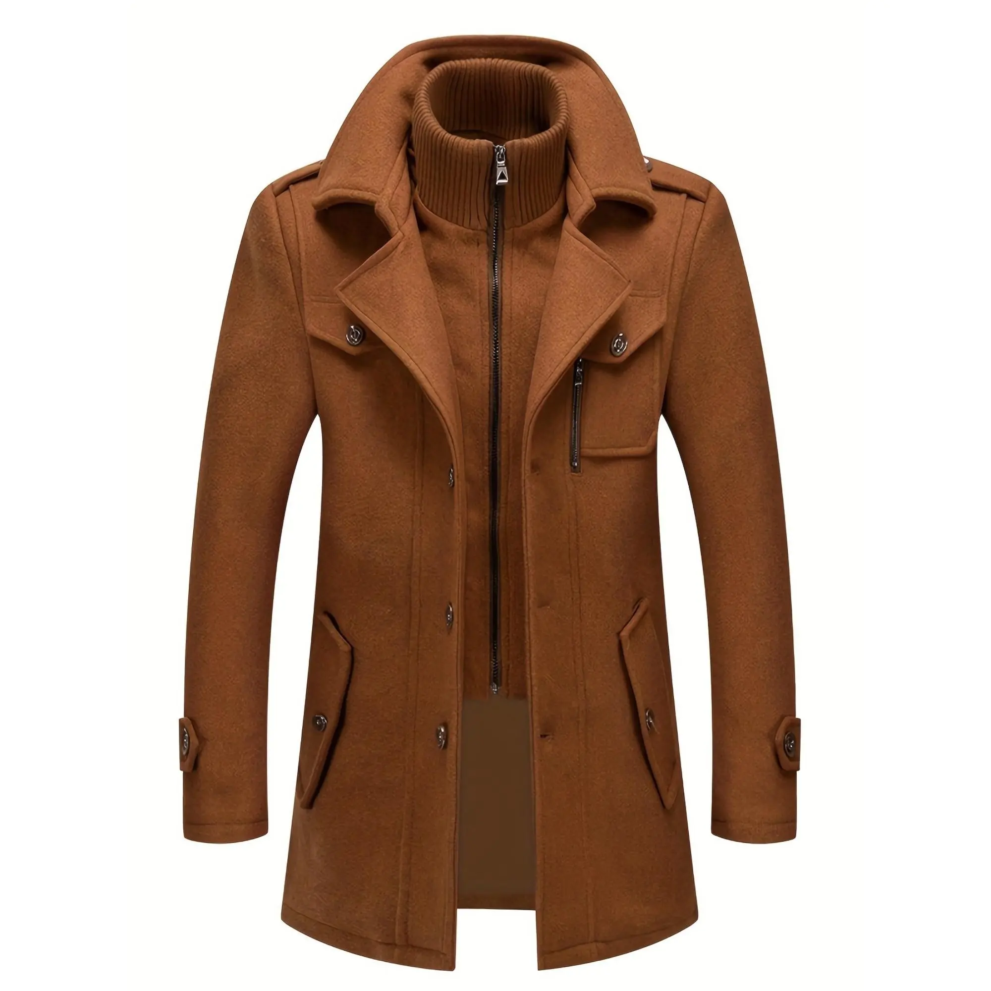 TNZI Menswear Men's Elegant Korean Classic Wool Formal Blazer - Medium-Long Double Mock Neck Tweed Business Coat, Plain Autumn-Winter Zip-Up Longsleeve Overgarment with Buttons, Dry Clean Recommended Gift for Him, Wool Coat, Clothes, Thanksgiving, Double,