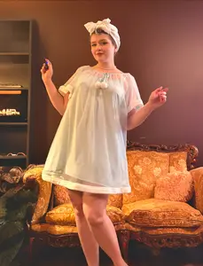 Women's 1940s Blue Ruffle Sleeve Tulle Trim Plush Nightgown, Lady's Basic Multi-Size Loungewear Sleepwear, Above-Knee Nightdress with Tulle Detail