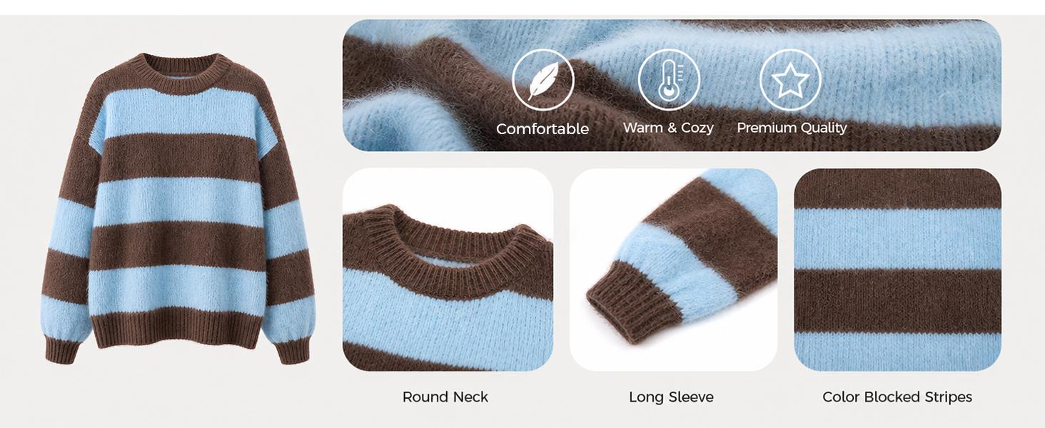 Fisoew Retro Color Block Stripe Sweater