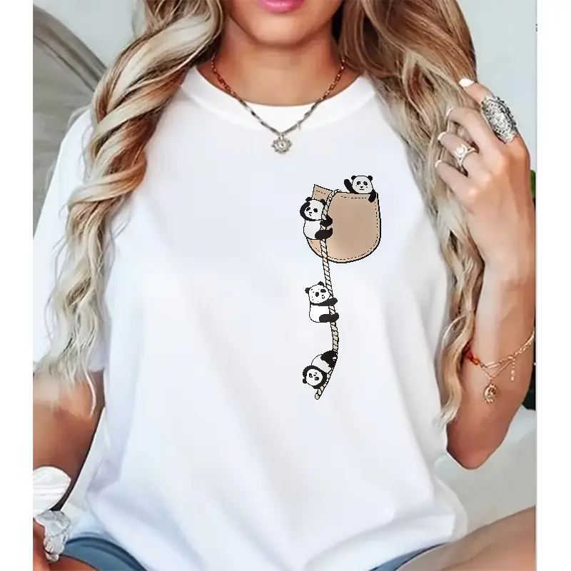 Lady's Cotton Short-Sleeve Round Neck Printed Pocket T-Shirt, Cute Panda & Climbing Rope Cartoon Design, Casual Streetwear Women's Top