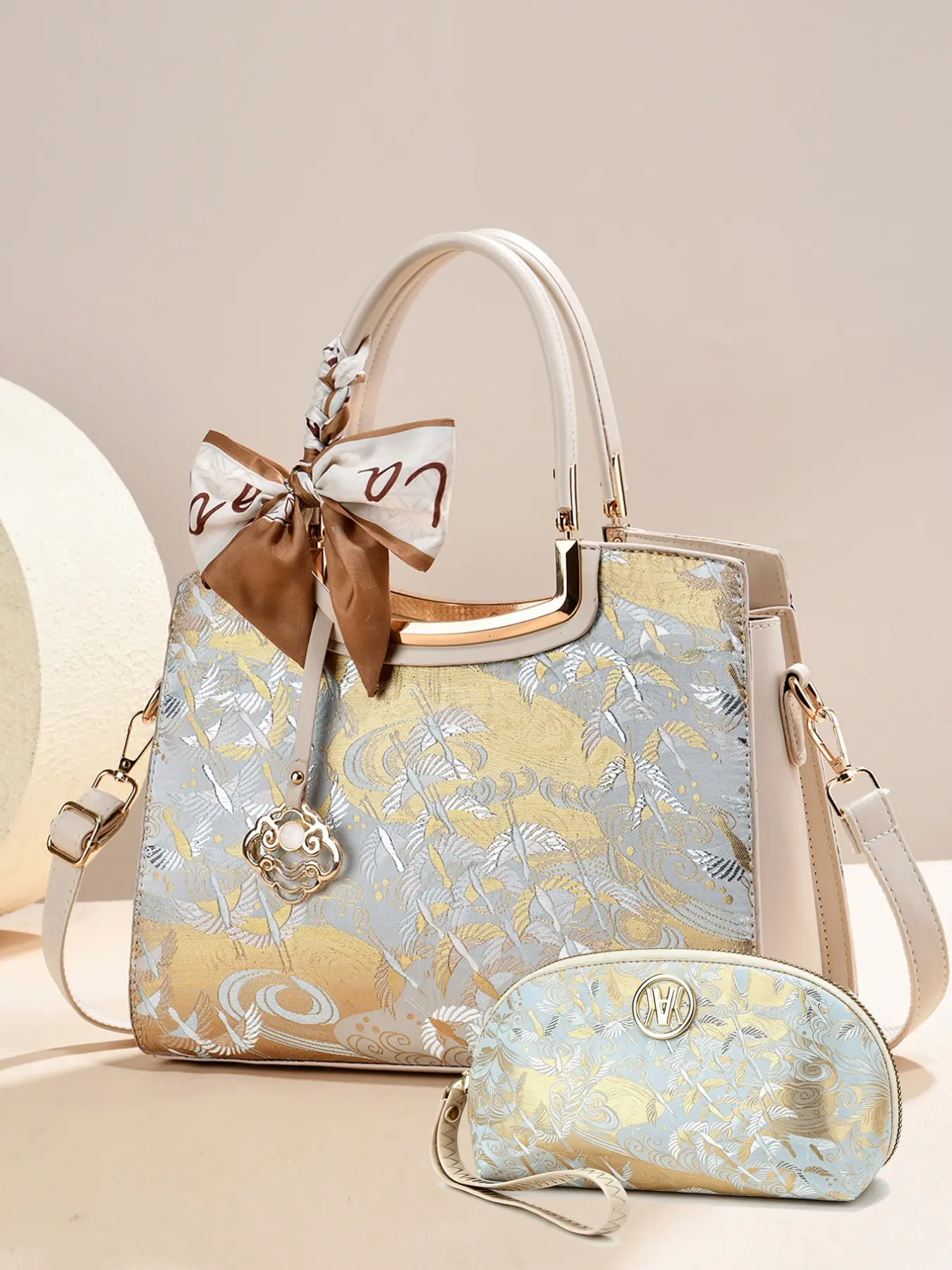 Women's Oriental Crane Jacquard Handbag Set, Casual Handbag, Elegant Crossbody Purse with Twilly Scarf, Cosmetics Pouch & Cloud Charm, Vintage Style