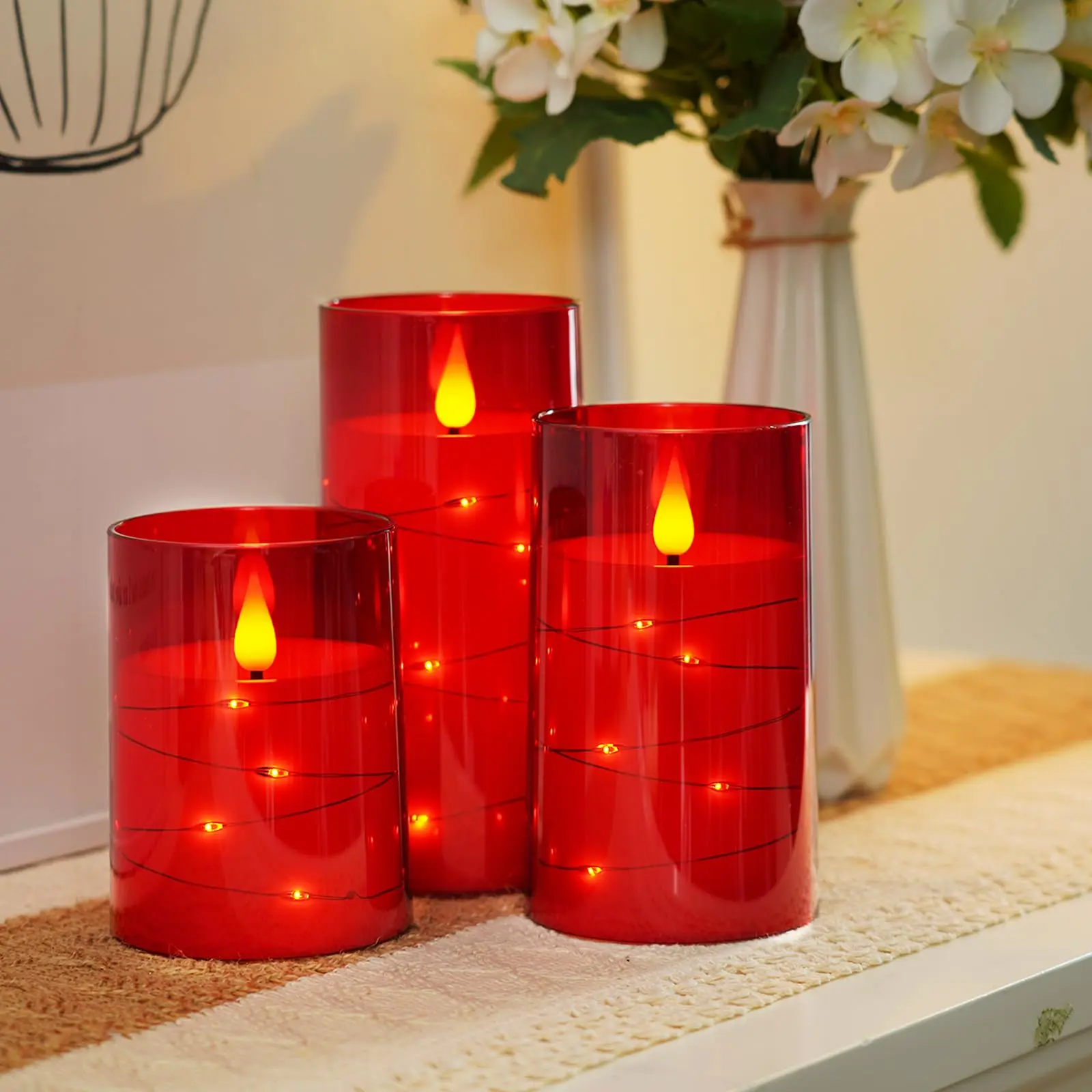 Red Flameless Candles 3 Set, Flickering Battery Operated Candles Embedded Fairy String Light, Realistic Pillar Candle with Remote Control and Timer, Acrylic, D3 x H4 5" 6" Lighting Modes Adjustable Indoor Lighting  christmas decorations Summer Sale Deals